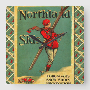 Vintages Ski-Plakat, Northland-Skis Quadratische Wanduhr