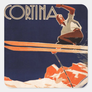 Vintages Ski-Plakat, SkiCortina, Italien Quadratischer Aufkleber