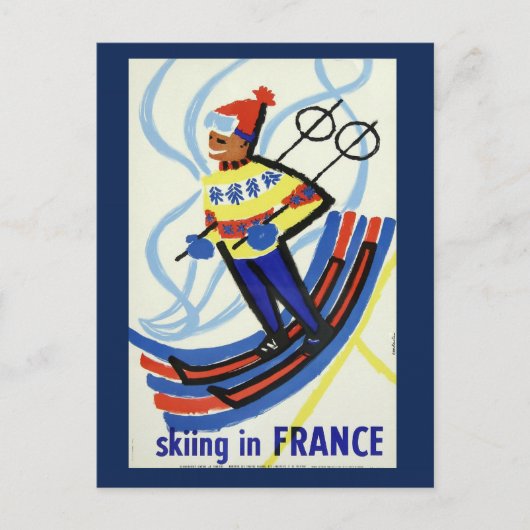 Vintages Skifahren in Frankreich Reisen Postkarte (Vorderseite)