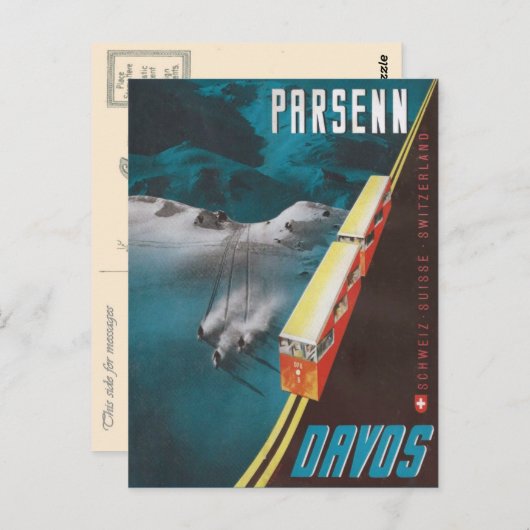 Vintages Skiposter, Davos Postkarte (Vorne/Hinten)