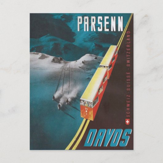 Vintages Skiposter, Davos Postkarte (Vorderseite)