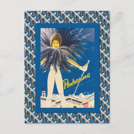 Vintages Skiposter, Pontresina Postkarte (Vorderseite)