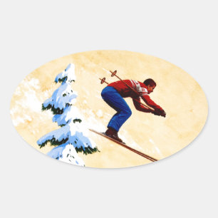 Vintages Skiposter, Skijumper und Kiefern Ovaler Aufkleber