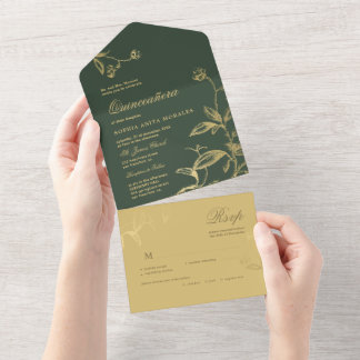 Vintages smaragdgrünes Gold, elegant Quinceañera All In One Einladung