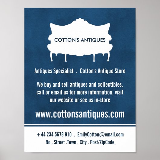 Vintages Sofa, elegantes Blau, Antiquitätenhändler Poster (Vorne)