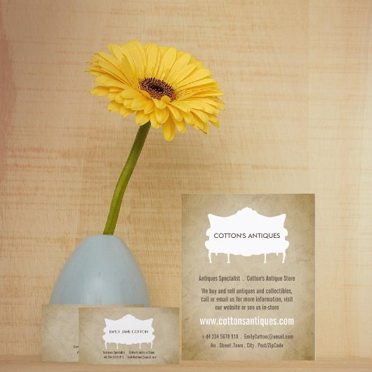 Vintages Sofa und Papier, Antiquitätenhändler Visitenkarte