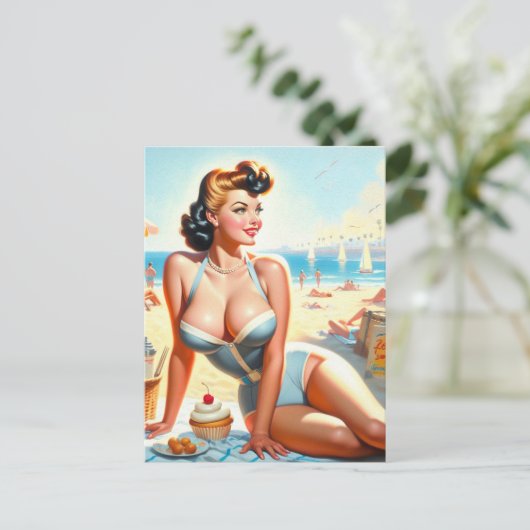 Vintages Sommer-Button-Up-Mädchen Postkarte (Stehend Vorderseite)