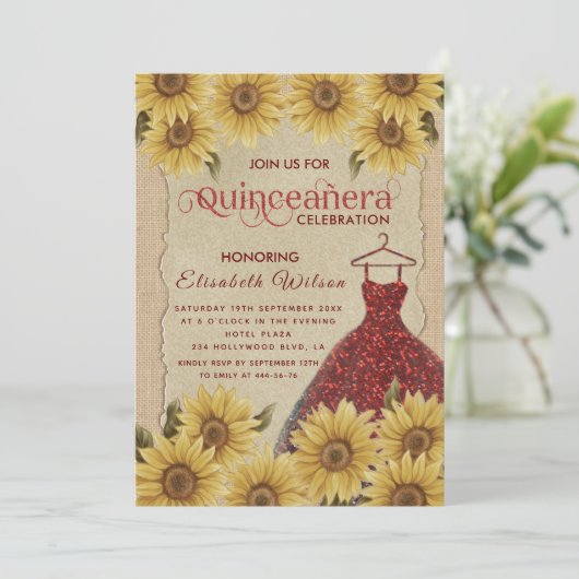 Vintages Sonnenblumenkleid Quinceañera Einladung (Stehend Vorderseite)