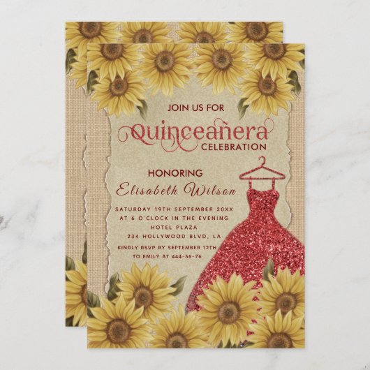 Vintages Sonnenblumenkleid Quinceañera in Einladung (Vorne/Hinten)