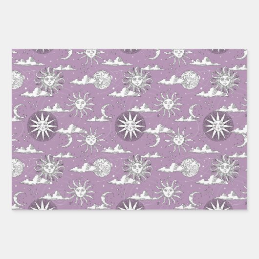 Vintages Sonnenmond Himmelsmuster Geschenkpapier Set (Vorderseite)