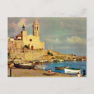 Vintages Spanien, Sitges, Kathedrale und Ufer Postkarte