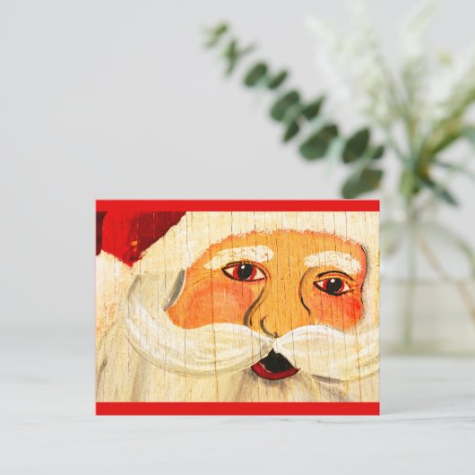 Vintages Sperrholz Santa Feiertagspostkarte (Stehend Vorderseite)