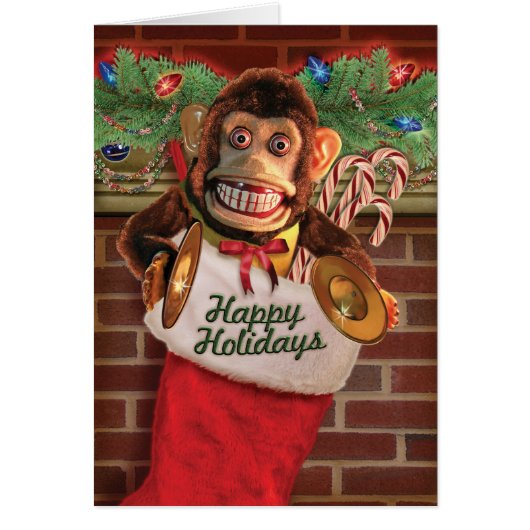 Vintages Spielzeug Jolly Chimp im Strumpf Weihnach (Vorne)