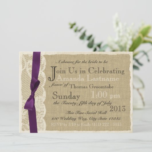 Vintages Spitzen- und Burlap-Brautparty Einladung (Stehend Vorderseite)