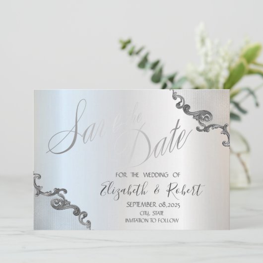 Vintages Spitzengrenzsilber Save the Date (Stehend Vorderseite)