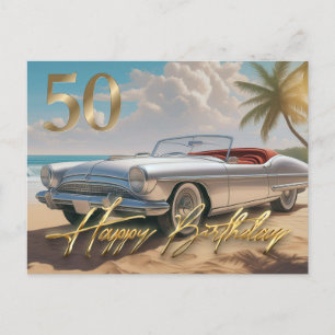 Vintages Sportauto an einem tropischen Strand Happ Postkarte