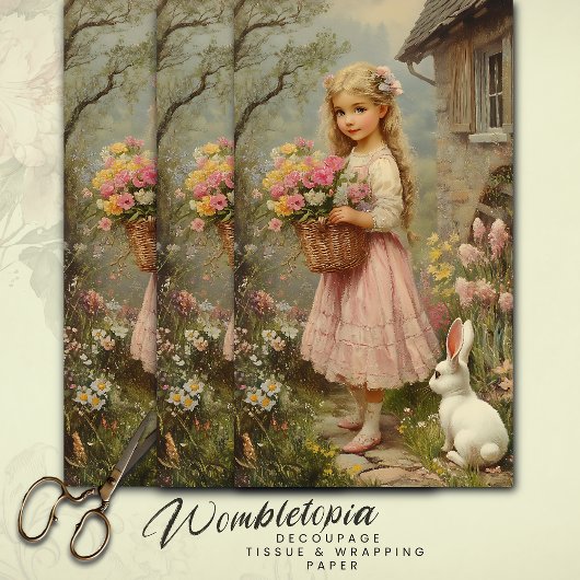 Vintages Spring Garden Girl mit Blume & Bunny Seidenpapier