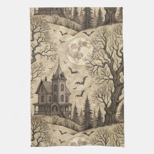 Vintages Spuk Haus & Vollmond Geschirrtuch (Vertikal)