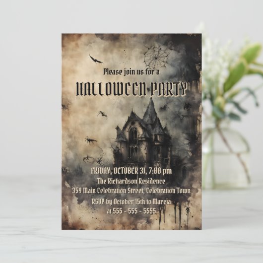 Vintages Spuk Herrenhaus-Halloween-Party Einladung (Stehend Vorderseite)