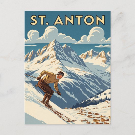 Vintages St. Anton Österreich Skifahren Postkarte (Vorderseite)