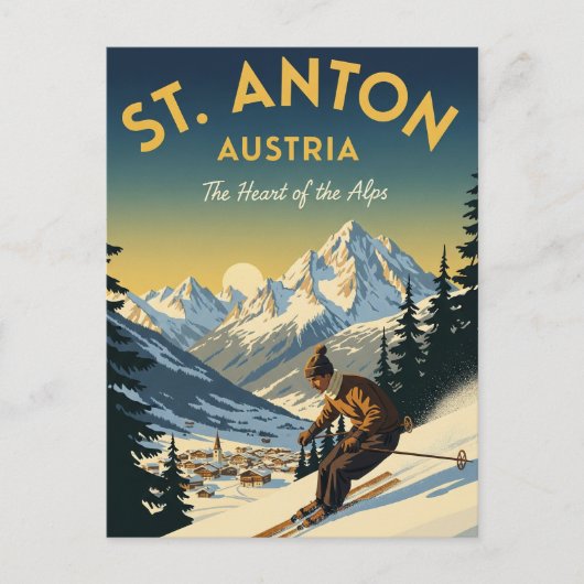 Vintages St. Anton Österreich Skifahren Postkarte (Vorderseite)