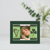 Vintages St Patrick's Day Harp Lady Kleeblatt Postkarte (Stehend Vorderseite)