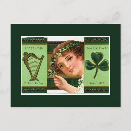 Vintages St Patrick's Day Harp Lady Kleeblatt Postkarte (Vorderseite)