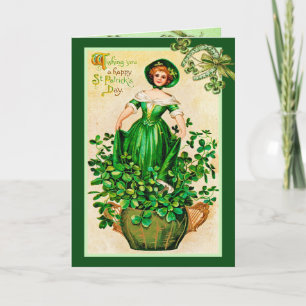 Vintages St Patrick's Day Irish Girl mit Clovers Karte