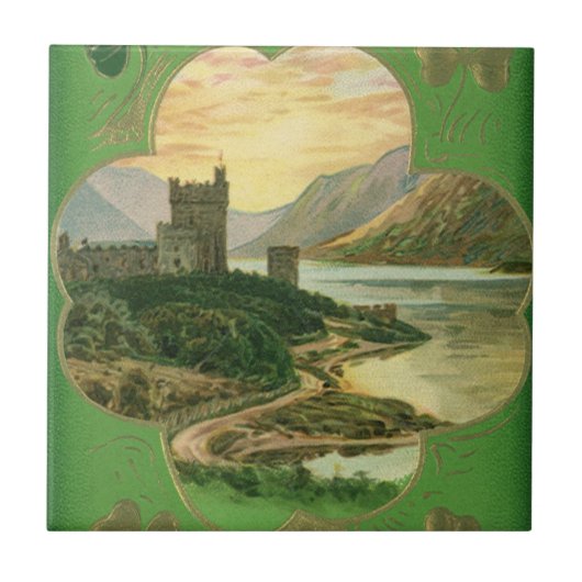 Vintages St. Patricks Day Kleeblatt Burg Fliese (Vorderseite)