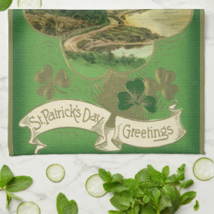 Vintages St. Patricks Day Kleeblatt Burg Geschirrtuch