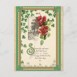 Vintages St. Patricks Day Kleeblatt und Rose Postkarte