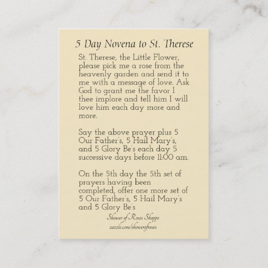 Vintages St. Therese die kleinen Visitenkarte (Rückseite)
