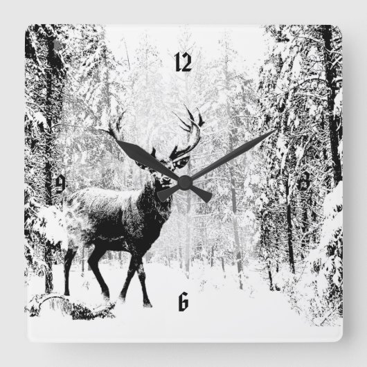 Vintages Stag Hirsch Schwarz-weiß Tier Quadratische Wanduhr (Vorderseite)