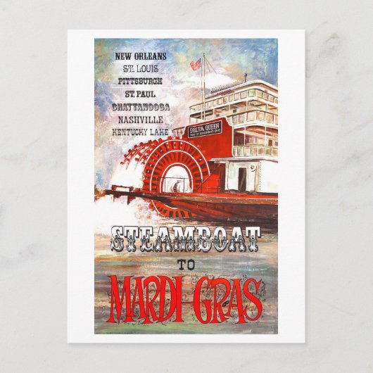Vintages Steamboat nach Mardi Gras Reiseposter Postkarte (Vorderseite)
