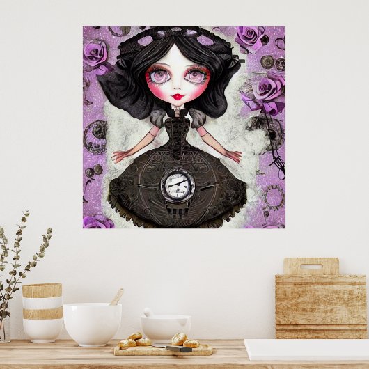Vintages Steampunk-Uhrenkleippdoll Poster (Küche)