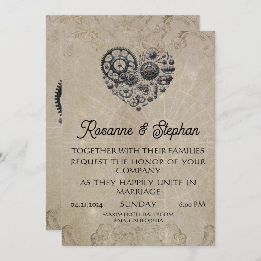 Vintages Steampunkherz Gears Hochzeit Einladung (Vorne/Hinten)
