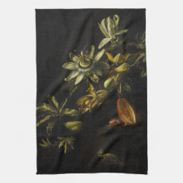 Vintages Stillleben mit Passionblüten auf schwarz  Geschirrtuch