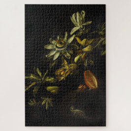 Vintages Stillleben mit Passionblüten auf schwarz Puzzle