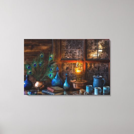 Vintages Stillleben mit Pfauenfedern Leinwanddruck (Vorderseite)