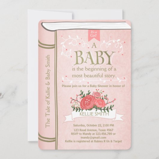 Vintages Storybook Baby-Duscheinladung Pink Gold Einladung (Vorderseite)