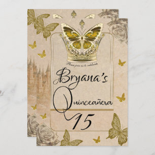 Vintages Storybook Gold Butterfly Quinceañera Einladung
