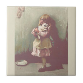 Vintages Storybook Hübsch Girl Child mit Kitten Fliese