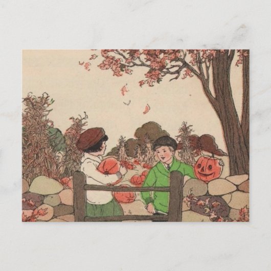 Vintages Storybook Kids & Pumpkins Postkarte (Vorderseite)