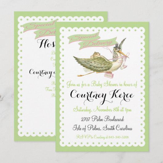 Vintages Storybook Stork Baby Shower Einladungen (Vorne/Hinten)