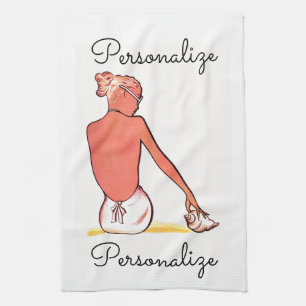 Vintages Strandmädchen mit seashing sommerlich ele Geschirrtuch