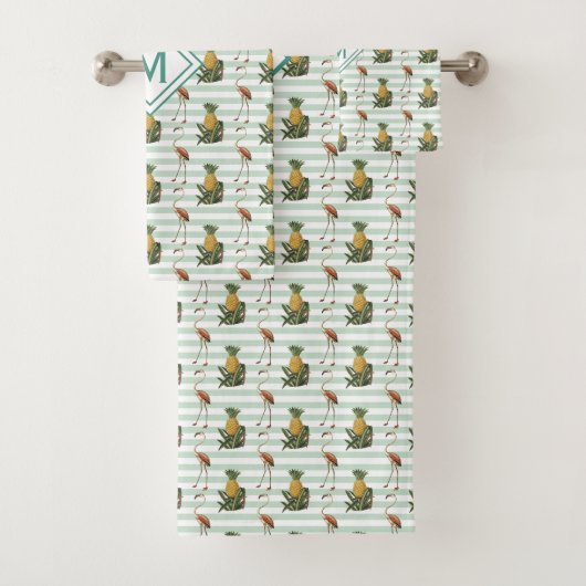 Vintages Stripe Flamingo Ananas Muster|Monogramm Badhandtuch Set (Insitu)