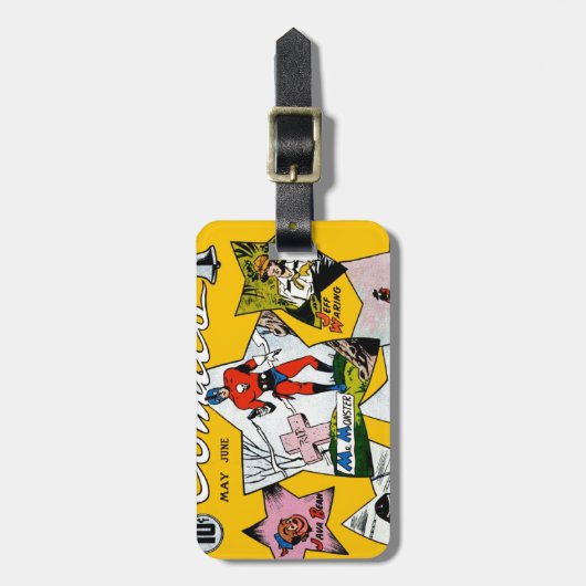 Vintages Superheld-Comic Gepäckanhänger (Vorderseite vertikal)