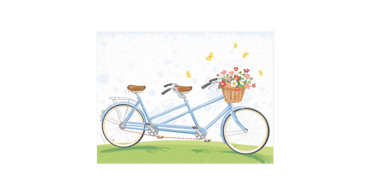 Vintages Tandemfahrrad mit BlumenKorb Postkarte Zazzle.de