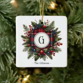 Vintages Tartan Monogram Foto Holiday Keramikornament