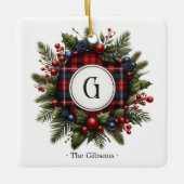 Vintages Tartan Monogram Foto Holiday Keramikornament (Vorderseite)